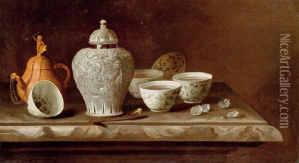 Teekoppchen-stillleben Mit Kandiszucker Und Goldenem Loffel Oil Painting - Pieter Gerritsz van Roestraten