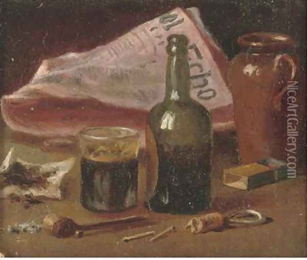 A glass and pipes, with jugs to the side Oil Painting - William Michael Harnett