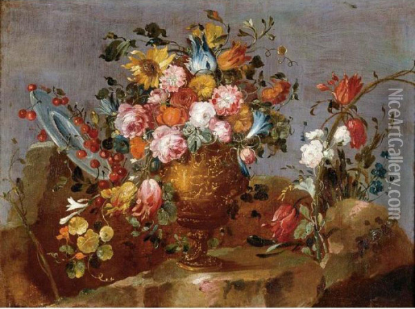 Still Life Of Flowers In A Vase Resting On A Stone Ledge With A Plate Of Cherries Oil Painting - Francesco Guardi