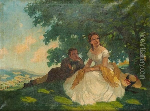 Conversation Romantique Sur Fond De Paysage Oil Painting - Firmin Baes