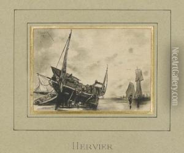 Kustenpartie Mit Booten. Oil Painting - Louis Adolphe Hervier