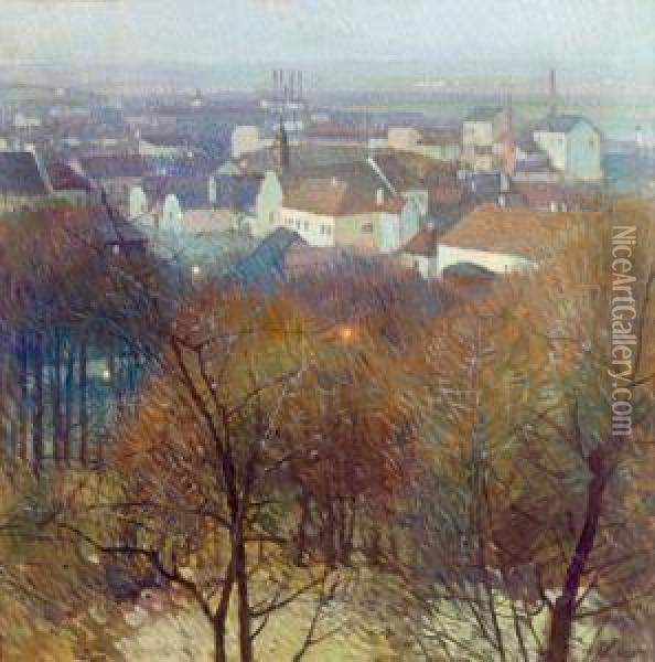 Blick Auf Nusdorf Und Heiligenstadt In Der Dammerung, Um 1905, Signiert C. Moll Oil Painting - Carl Moll
