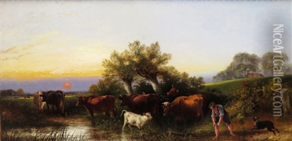 Cattle In A Pasture At Dusk Oil Painting - Aster R. C. Corbould