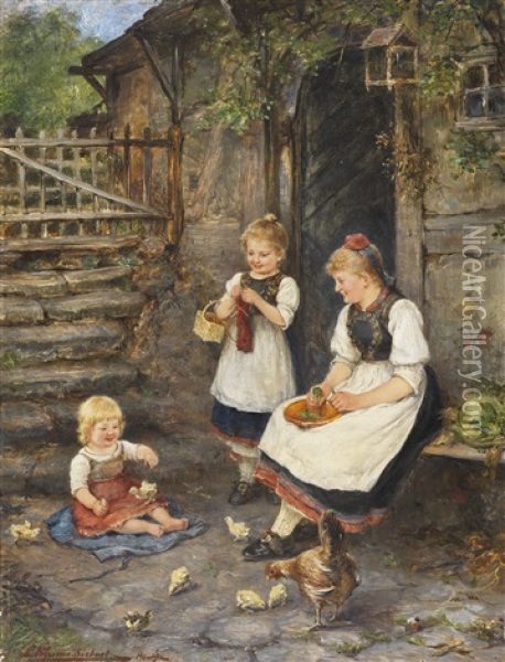 Drei Madchen In Schwalmer Tracht Oil Painting - Ludwig Blume-Siebert