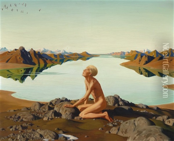 Der Vogelflug (knabe An Einem Bergsee) Oil Painting - Herbert Reyl-Hanisch