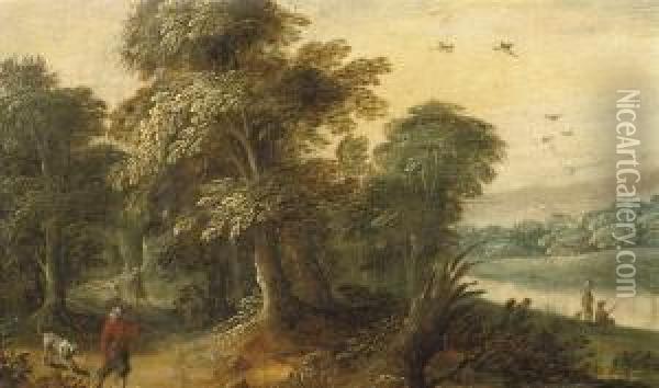 A Forest Landscape With A Huntsman And His Dog, Fishermen Near A Pool Of Water Oil Painting - Jasper van der Lamen
