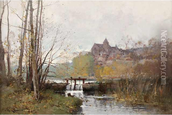 La Vanne Rougea Montigny Sur Loing Oil Painting - Eugene Galien-Laloue