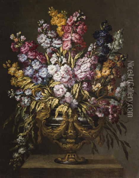 A Pair Of Still Lifes Of Flowers In Elaborate Gilt Urns, Each On A Stone Pedestal Oil Painting - Gabriel De La Corte