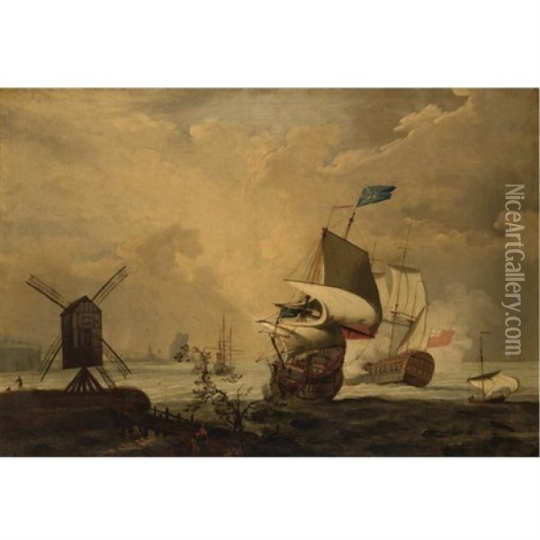 An English Man-of-war Firing A Salute Off The Coast Oil Painting - Ludolf Backhuysen the Elder
