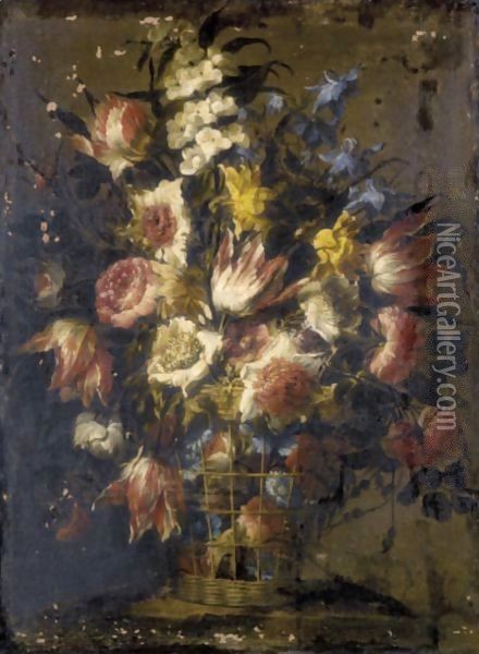 Still Life Of Flowers In A Wicker Basket 2 Oil Painting - Juan De Arellano