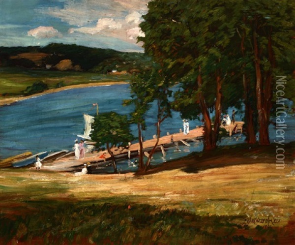 The Pier, Lake Geneva, Wisconsin Oil Painting - Samuel Harkness Mccrea