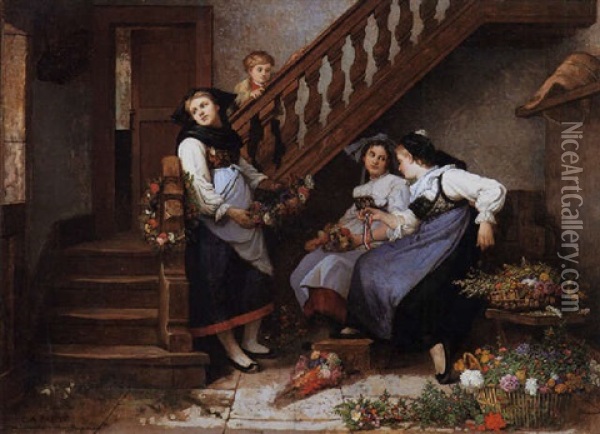 Preparing The Garlands Oil Painting - Camille Alfred Pabst
