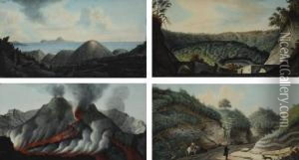 Vesuvius Erupting; The Bay Of 
Naples With Capri In The Distance; Neapolitan Landscape; And Travellers 
On A Path Oil Painting - Pietro Fabris