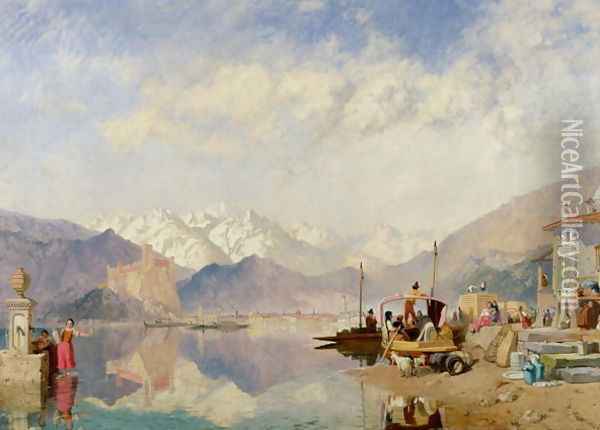 Recollections of the Lago Maggiore, Market Day at Pallanza, 1866 Oil Painting - James Baker Pyne