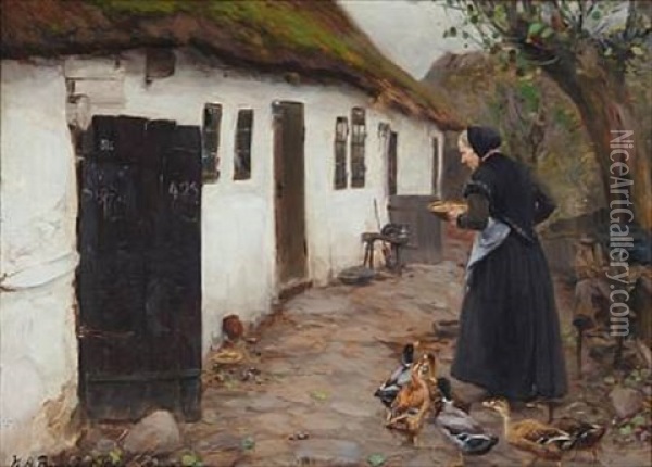 A Peasant Woman Feeding Ducks At A Whitewashed Farmhouse Oil Painting - Hans Andersen Brendekilde