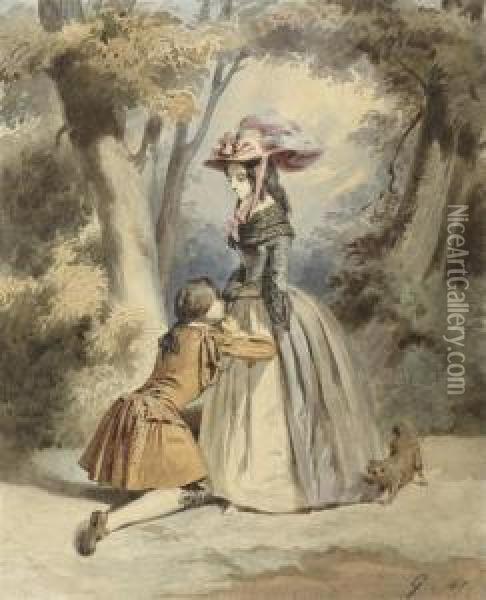 A Gentleman Kneeling, Kissing A Lady's Hands Oil Painting - Paul Gavarni