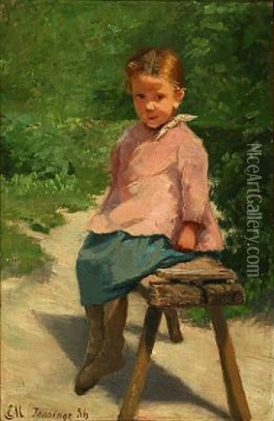 Little Girl From Tasinge Island On A Bench Oil Painting - Emilie (Caroline E.) Mundt