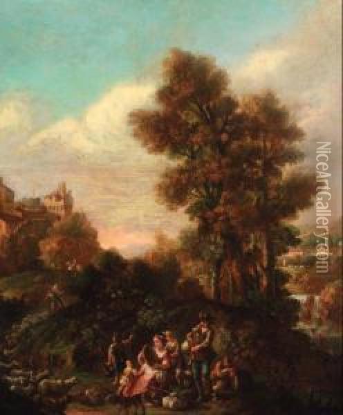 An Italianate Landscape With Shepherds Making Music By A River, Ahilltop Town Beyond Oil Painting - Pietro Domenico Oliviero