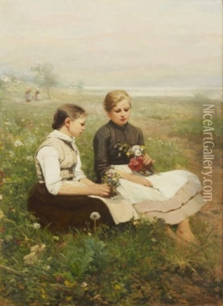 Flickor Pa Blomsterang Oil Painting - Oscar Arnold Wergeland