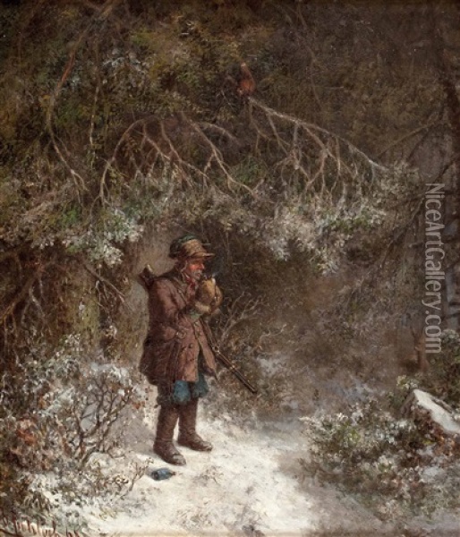 Jager Im Winterwald, Eine Pfeife Rauchend Oil Painting - Bernhard Froehlich