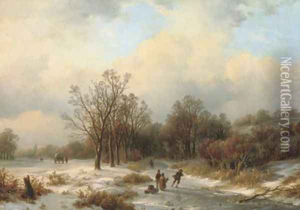 A sunlit winter landscape with villagers on a frozen waterway Oil Painting - Willem Bodemann