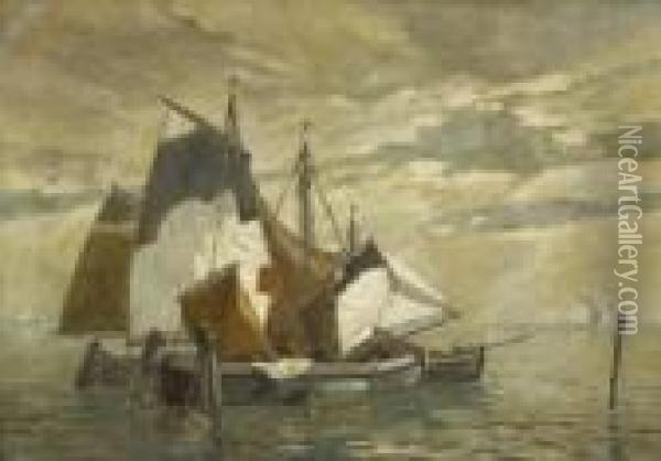 Fischerboote In Der
 Lagune. Oil Painting - Ludwig Dill