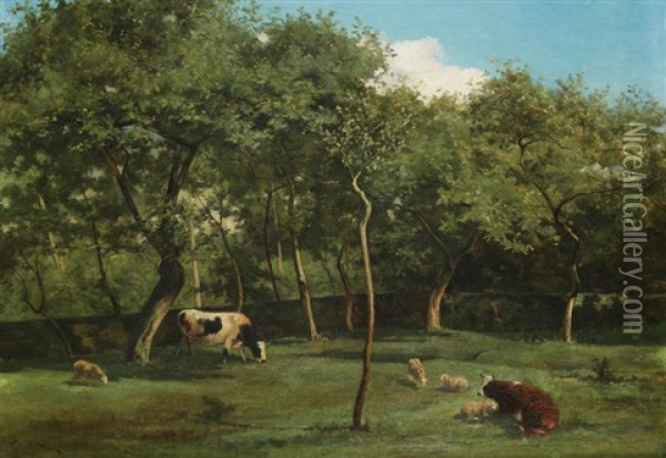 Vaches Et Moutons Au Verger Oil Painting - Felix Cogen