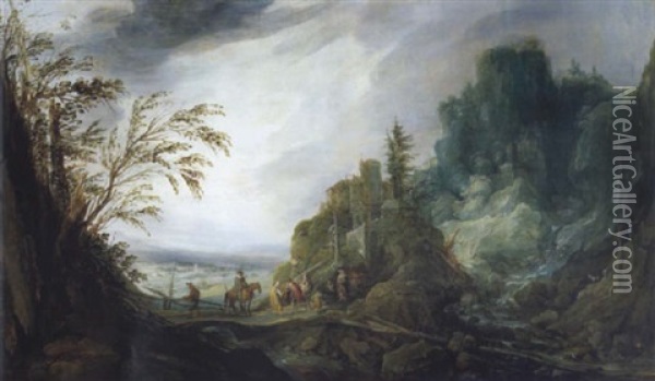 Felsige Landschaft Mit Einem Wasserfall Und Figuren Oil Painting - Joos de Momper the Younger