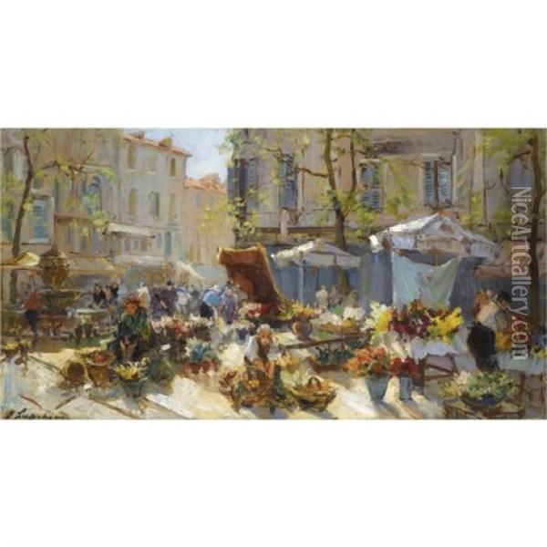The Flower Market In Aix-en-provence Oil Painting - Georgi Alexandrovich Lapchine