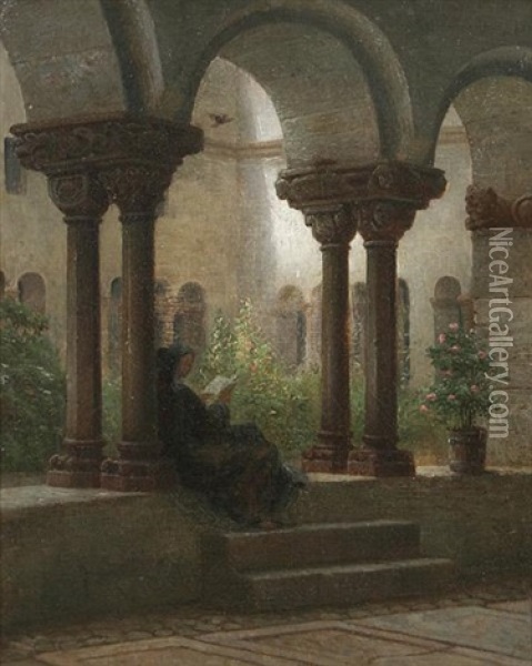 Lesende Nonne Im Romanischen Kreuzgang Des Augustinerklosters Zu Berchtesgaden Oil Painting - Gustav Seeberger