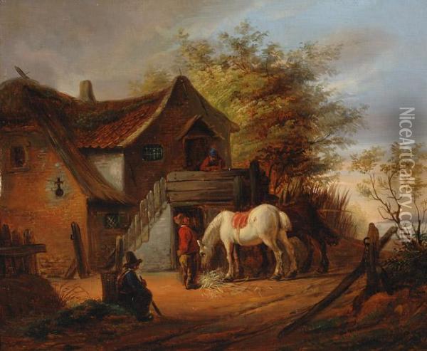 A White Horse And Somefigures By A Farm Oil Painting - Eugene Francois De Block