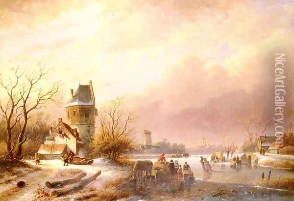 Skaters On A Frozen River Oil Painting - Andreas Schelfhout