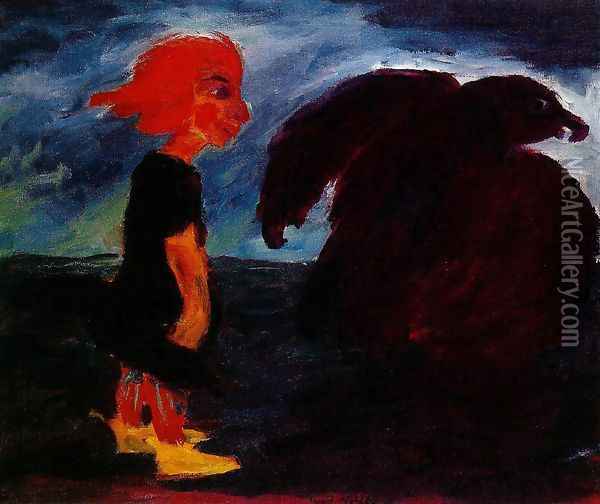 Child and Large Bird Oil Painting - Emil Nolde