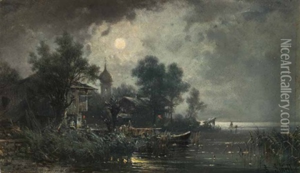 Nacht Am Chiemsee Oil Painting - Ludwig Sckell