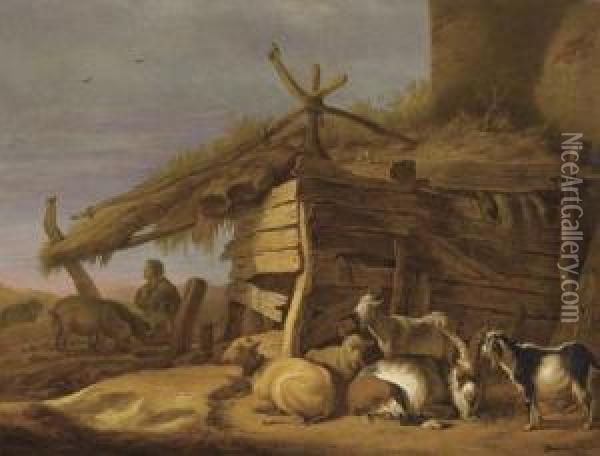 The Prodigal Son Herds Swine With Goats In The Foreground. Oil Painting - Cornelis Saftleven