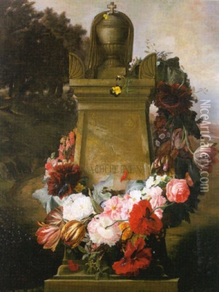 Couronne De Fleurs Et Borne Oil Painting - Simon Saint-Jean