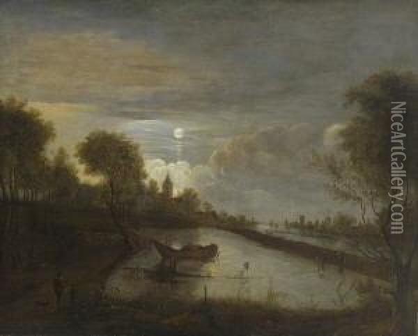 Hollandische Flusslandschaft Im
 Mondschein. Oil Painting - Aert van der Neer