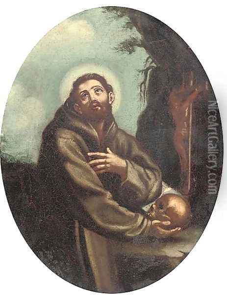 St. Francis holding a skull Oil Painting - Guido Reni