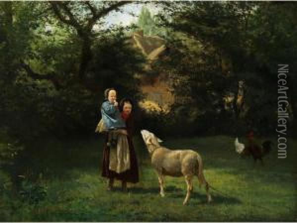 Landliche Idylle Mit Kindern, Schaf Und Huhnern Oil Painting - Jules Montigny