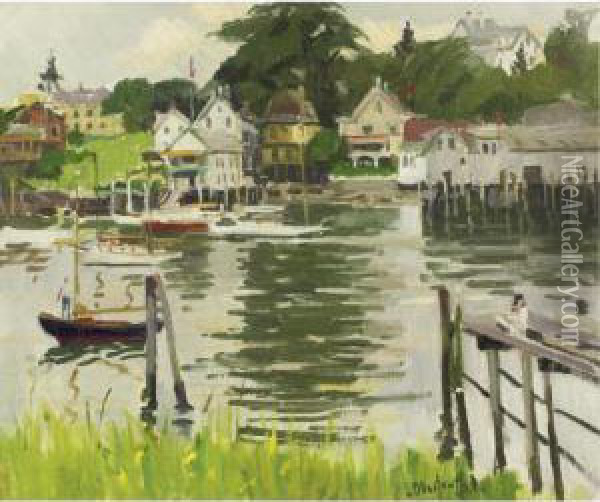 Boothbay Harbor Yacht Club, Maine Oil Painting - George Oberteuffer