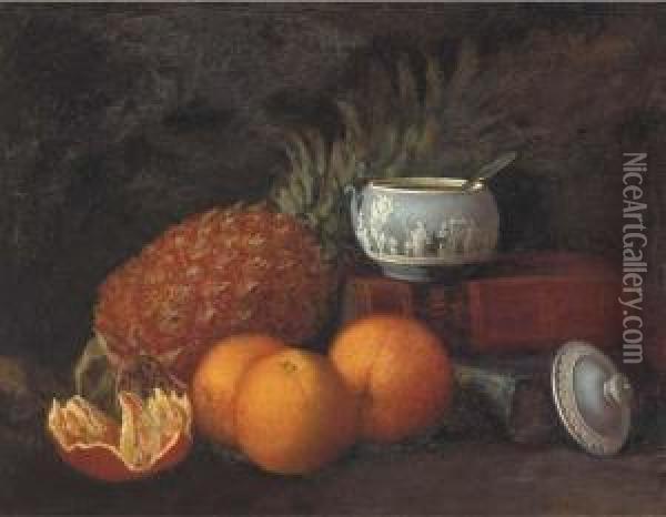 Still Life Of A Pineapple, Wedgewood Pot And Oranges, With Books Tothe Side Oil Painting - George Harrison