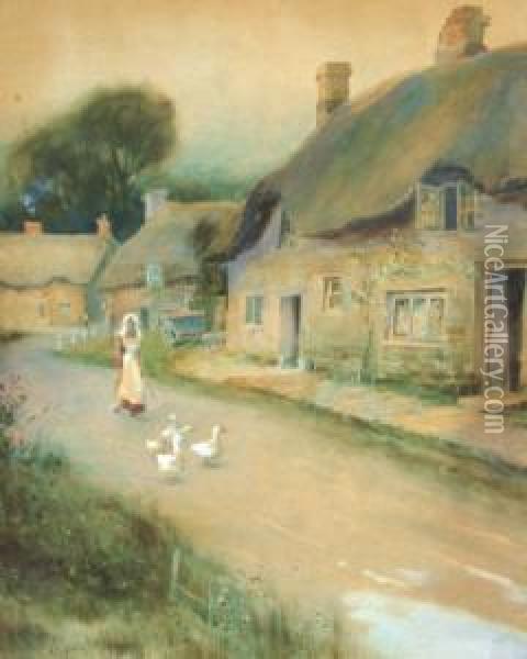 Village Street Scene With Girl And Geese; Watercolour, Signed And Dated 1892, 38x32cm Oil Painting - Leopold Rivers