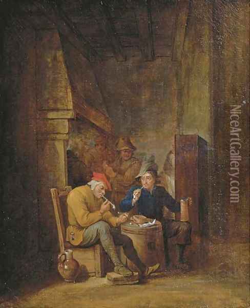 Peasants smoking and drinking in an interior Oil Painting - Cornelis Mahu
