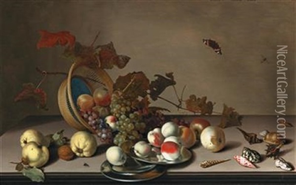 A Fruit Still Life With A Wicker Basket Oil Painting - Balthasar Van Der Ast
