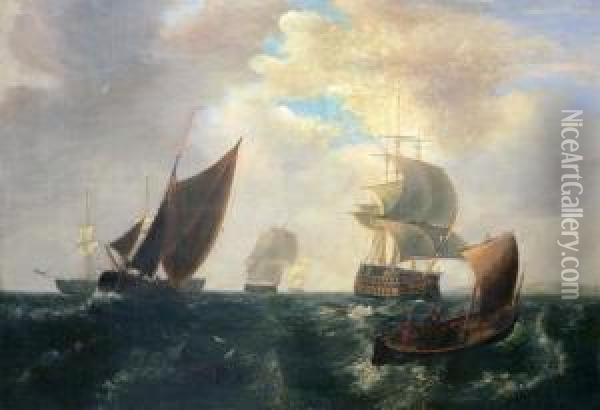 Orlogsfartyg Vid Kust Oil Painting - Engelsk Skola