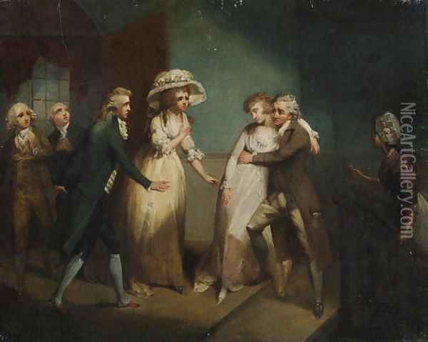 Camilla fainting in the arms of her father, illustration of a scene from Camilla, or A Picture of Youth, published in 1796 Oil Painting - Henry Singleton