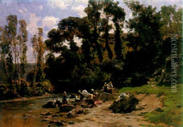 Washerwomen By The River Oil Painting - Emile Charles Dameron