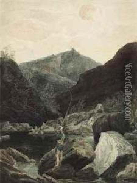 Fishing On The Rheidel, Near Devil's Bridge, Wales Oil Painting - Cornelius Varley