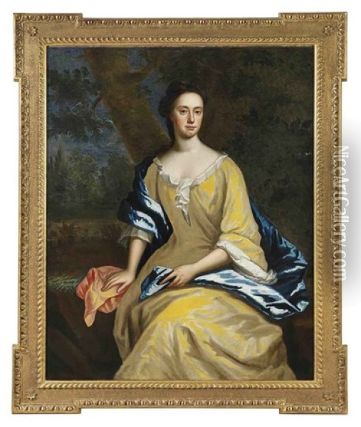 Portrait Of A Lady In A Yellow Dress And Blue Wrap, In A Landscape Oil Painting - Charles Jervas