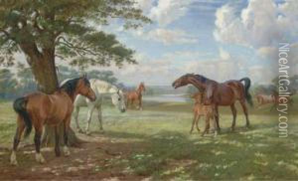 Mares With A Foal In Parkland Oil Painting - Wright Barker